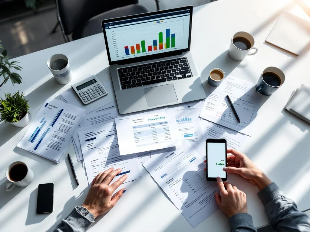 Moderne kantoorbureau van bovenaf met financiële documenten, laptop met spreadsheet en professionele handen die papieren organiseren