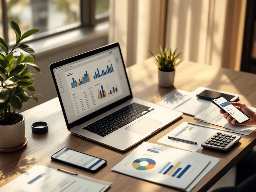 Modern bureau met laptop met financiële grafieken, facturen, smartphone en rekenmachine in natuurlijk licht