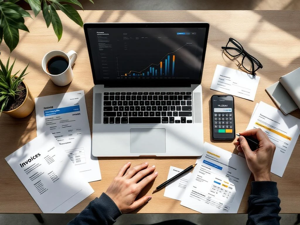 Moderne werkplek met laptop, financiële documenten, rekenmachine en smartphone op houten bureau met natuurlijk licht