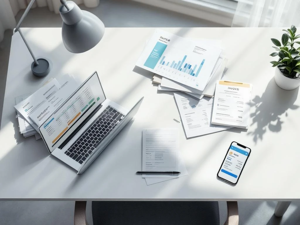 Moderne kantoorwerkplek met laptop met spreadsheet, facturen en smartphone met betaal-app op wit bureau