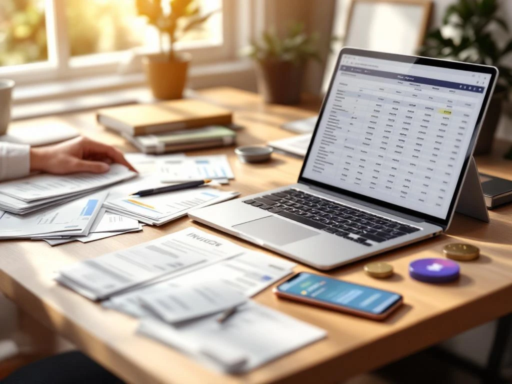 Laptop met spreadsheet op bureau met facturen en financiële documenten, smartphone toont betaalnotificatie