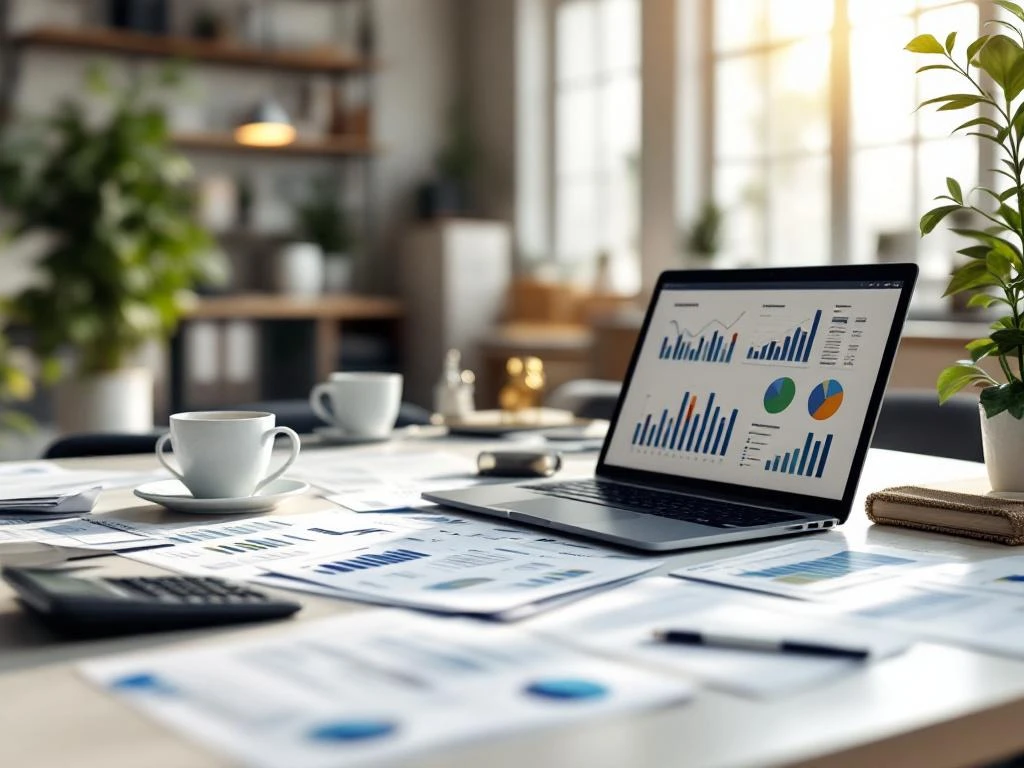 Moderne kantoorwerkplek met financiële documenten, laptop met grafieken, rekenmachine en koffiekop op bureau