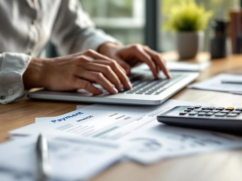 Handen typen op laptop toetsenbord met financiële documenten, rekenmachine en smartphone op houten bureau werkplek