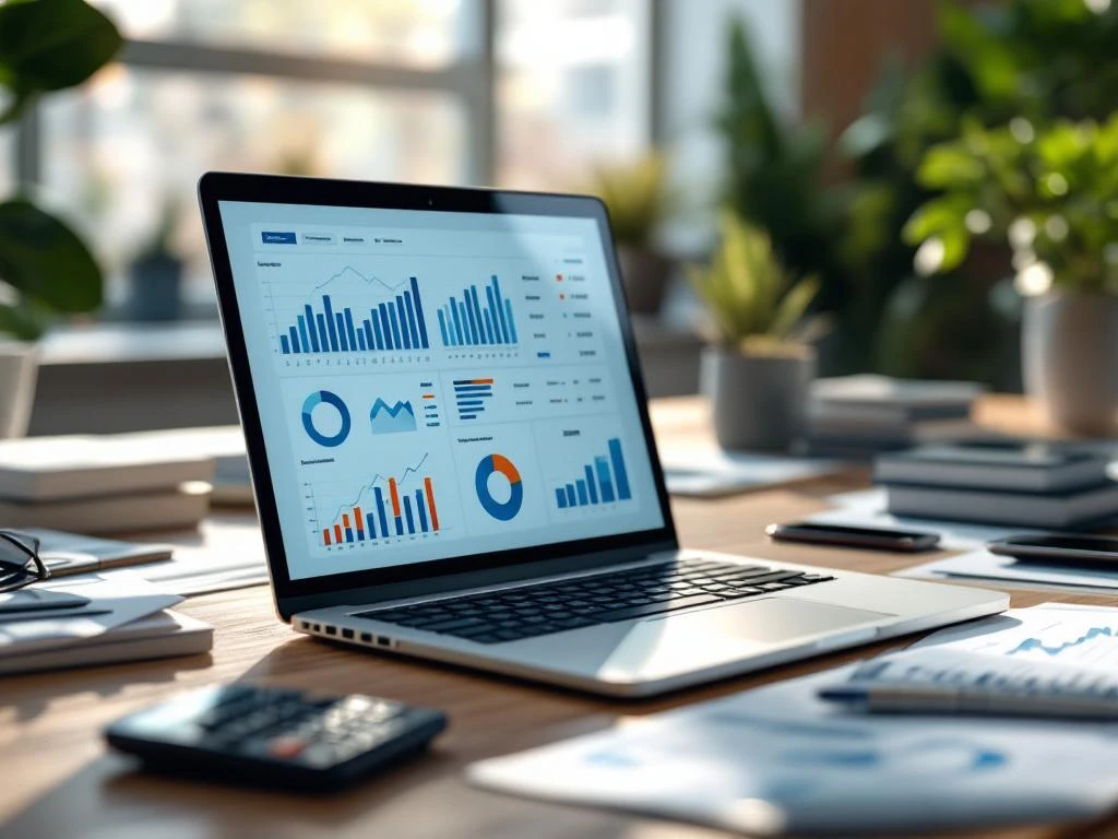 Laptop met financiële grafieken op bureau met documenten, calculator en smartphone in modern kantoor