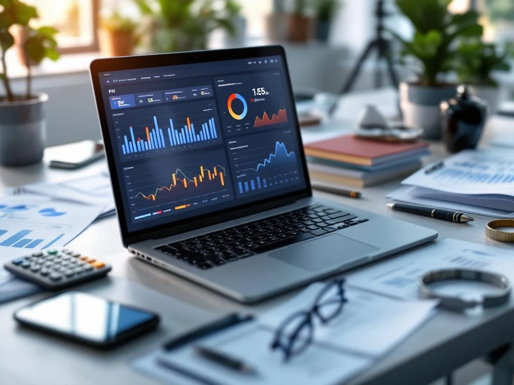 Moderne kantoorbureau met laptop die financiële dashboards toont, rekenmachine, smartphone en analytische rapporten