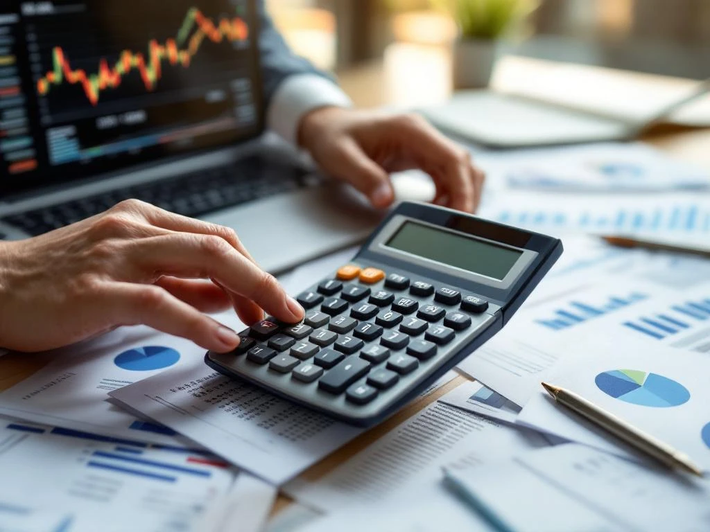 Handen gebruiken rekenmachine naast financiële documenten en grafieken op modern kantoorbureau