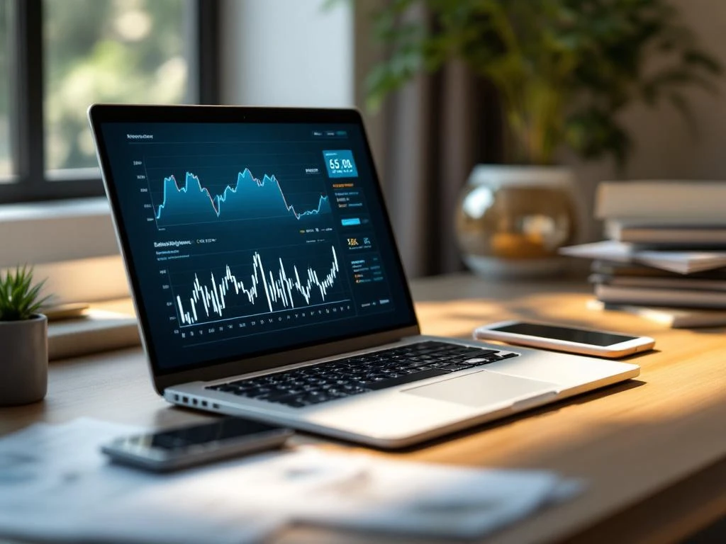 Laptop toont financiële grafieken en data-analyse op modern bureau met documenten en calculator in natuurlijk licht