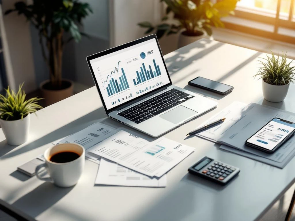 Moderne kantoorwerkplek met laptop, financiële grafieken, facturen en calculator in natuurlijk licht