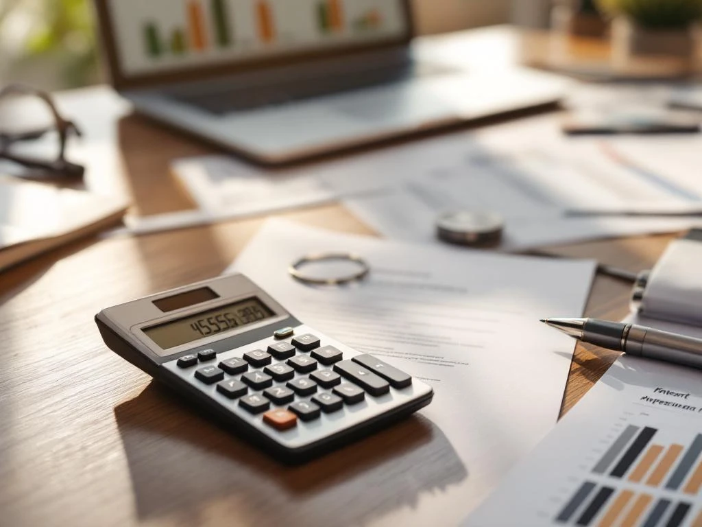 Moderne rekenmachine met renteberekeningen op bureau met financiële documenten en betalingsovereenkomsten