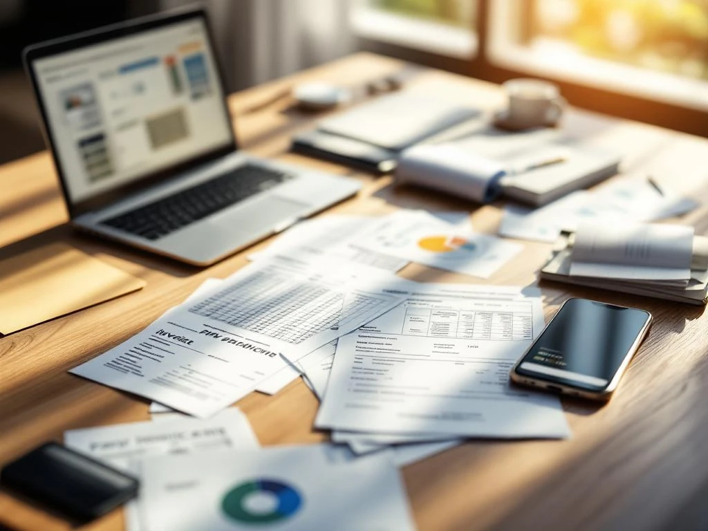 Moderne kantoor bureau met financiële documenten, laptop met spreadsheet en smartphone met betaal-app interface