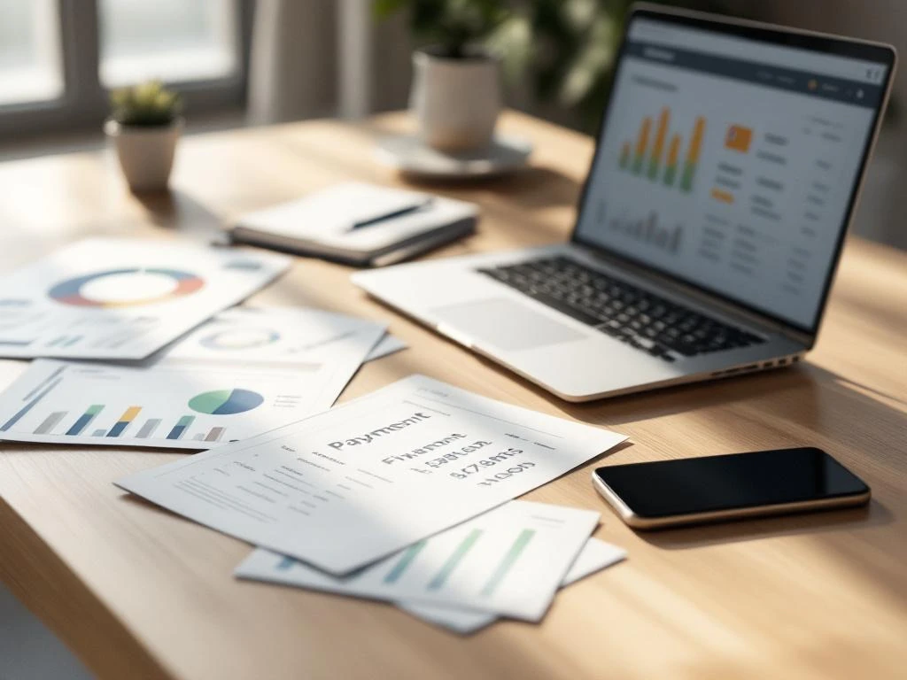 Moderne houten bureau met financiële documenten, laptop met betalingsgegevens en smartphone in georganiseerde kantooromgeving