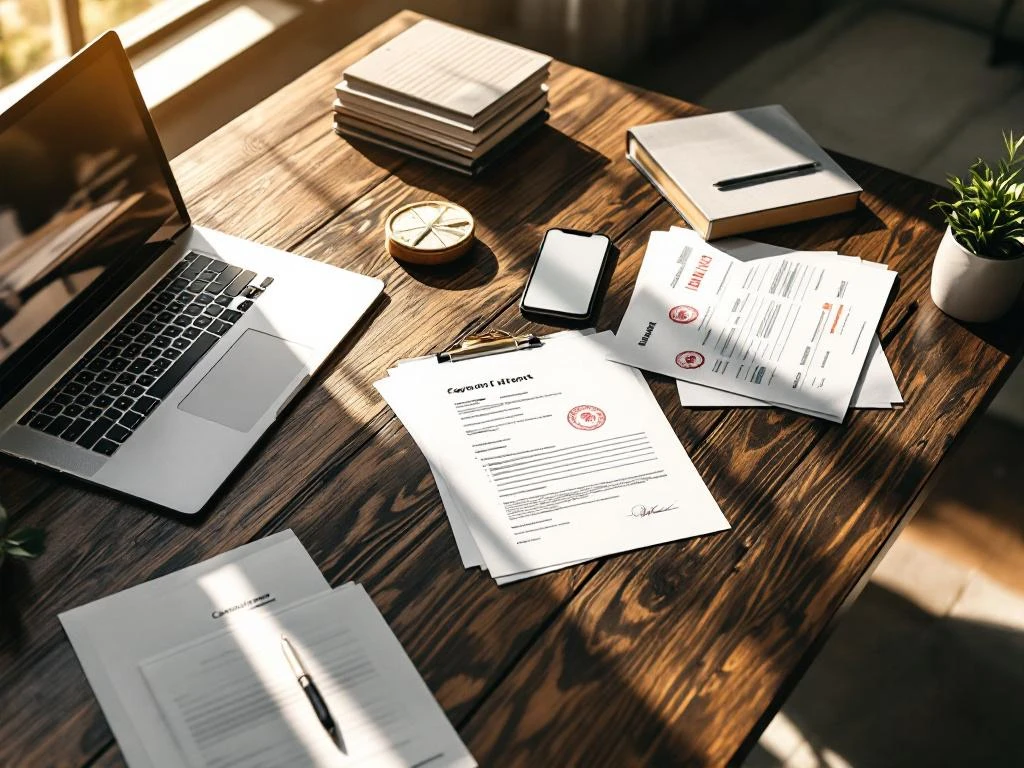 Professioneel bureau met juridische documenten, laptop met financiële spreadsheets en smartphone met betalingsmeldingen
