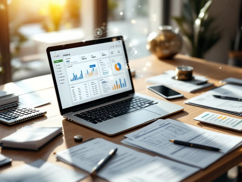 Modern kantoorbureau met laptop die financiële dashboards toont, facturen, rekenmachine en smartphone met betalingsmeldingen