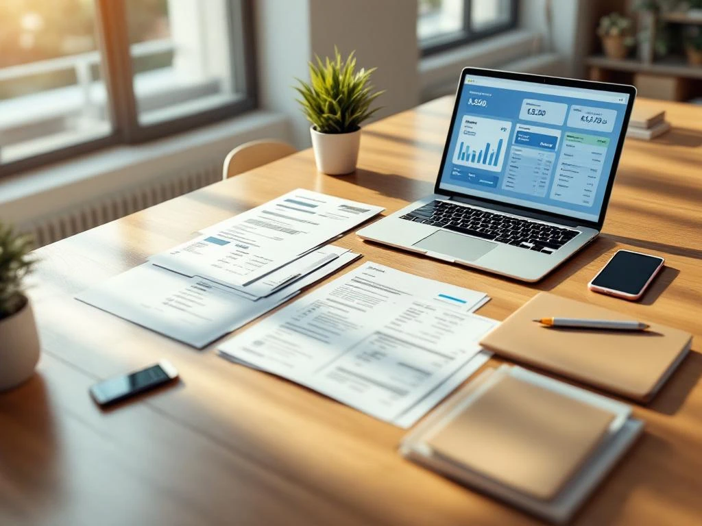 Modern bureau met laptop die betalingsdashboard toont, financiële documenten, rekenmachine en smartphone op houten tafel