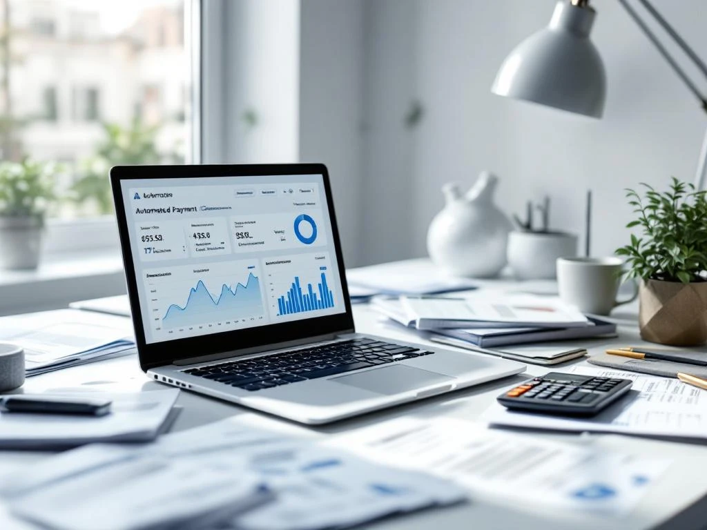 Moderne kantoorwerkplek met laptop die geautomatiseerd betalingsdashboard toont, omringd door facturen en calculator