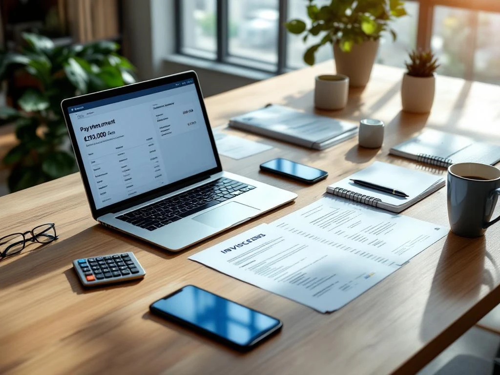 Modern bureau met financiële documenten, laptop met betalingsinterface en smartphone op houten bureablad