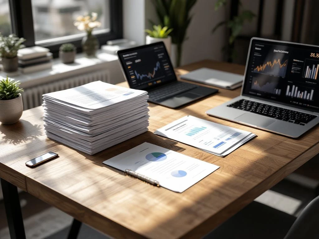 Moderne kantoorbureau met juridische documenten, laptop met financiële grafieken en smartphone in professionele setting