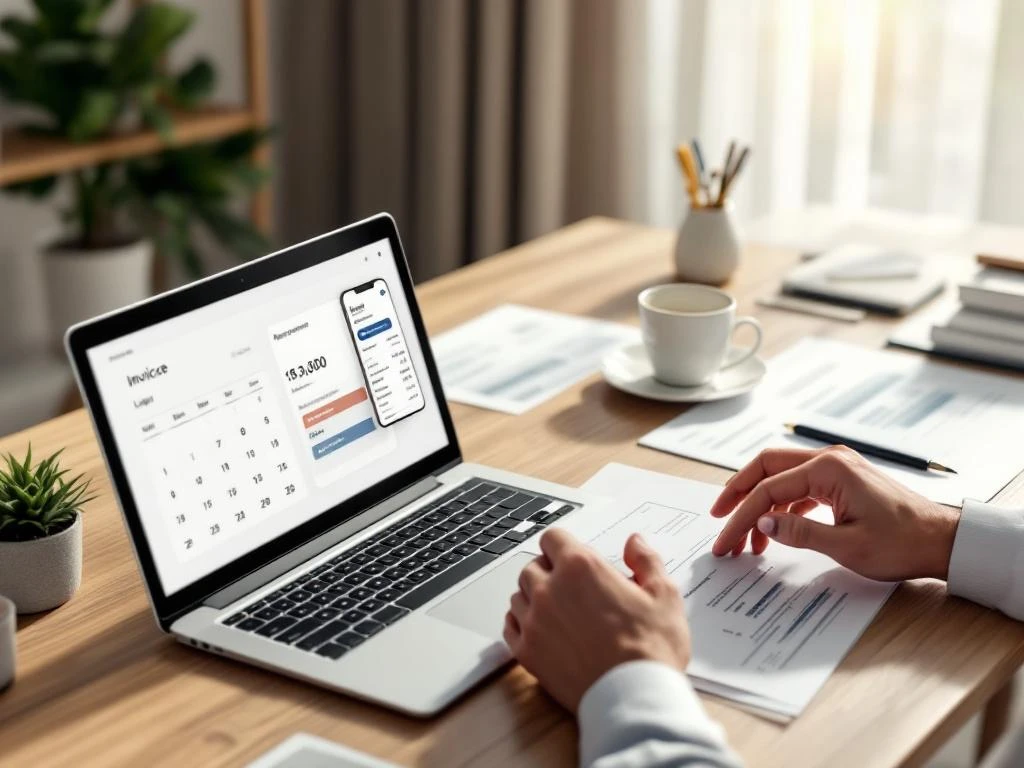 Professionele handen typen op laptop met juridische documenten en facturen op houten bureau in modern kantoor