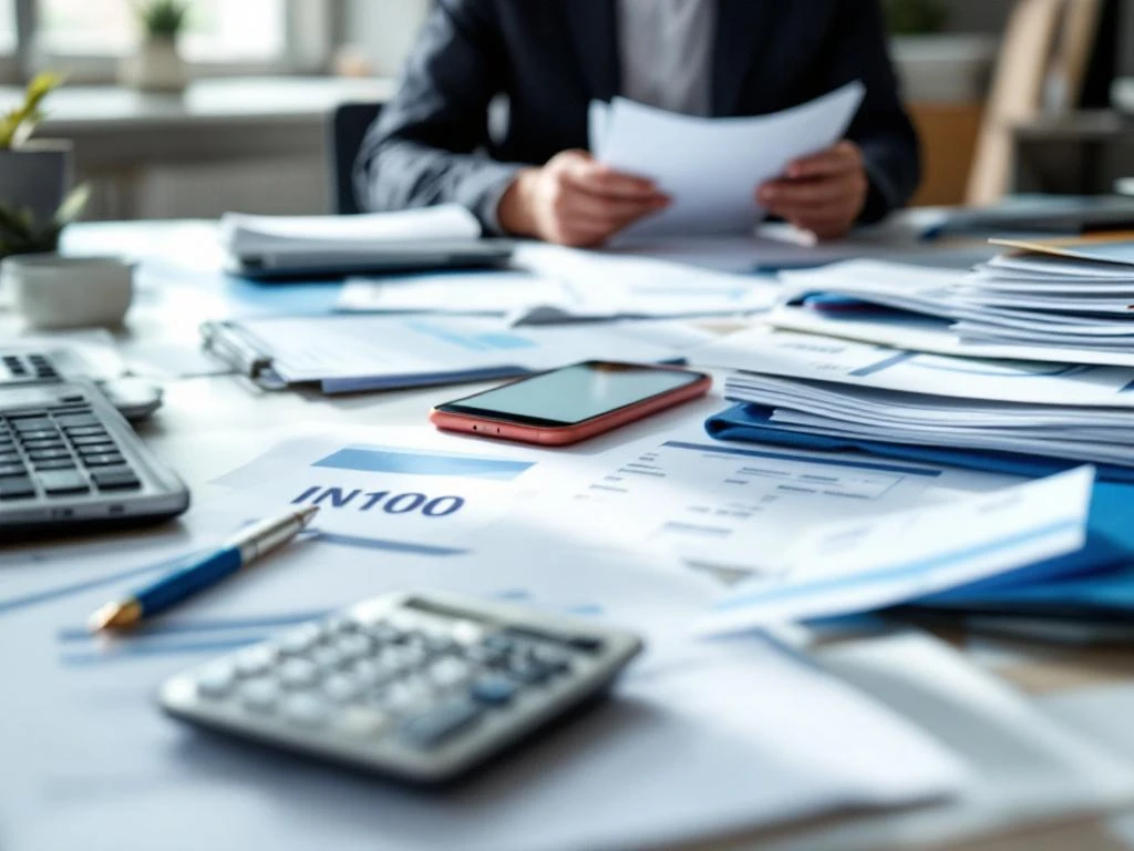 Modern kantoorbureau met facturen, laptop met financiële data, smartphone en rekenmachine in professionele werkomgeving