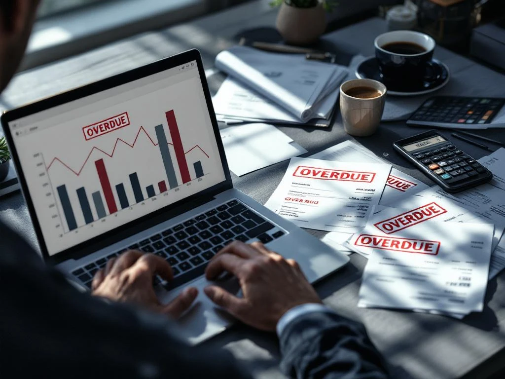 Zakenman werkt aan laptop met dalende cashflow grafieken en onbetaalde facturen met rode "achterstallig" stempels op bureau