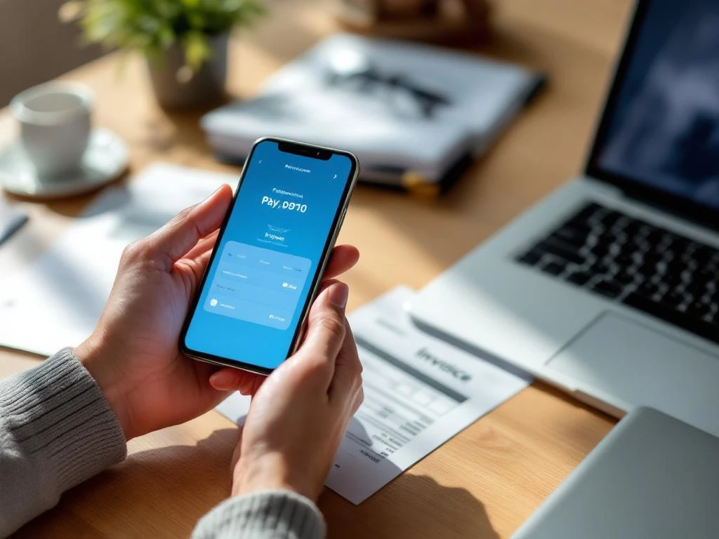 Handen met smartphone met betalingsinterface op houten bureau naast facturen en laptop toetsenbord