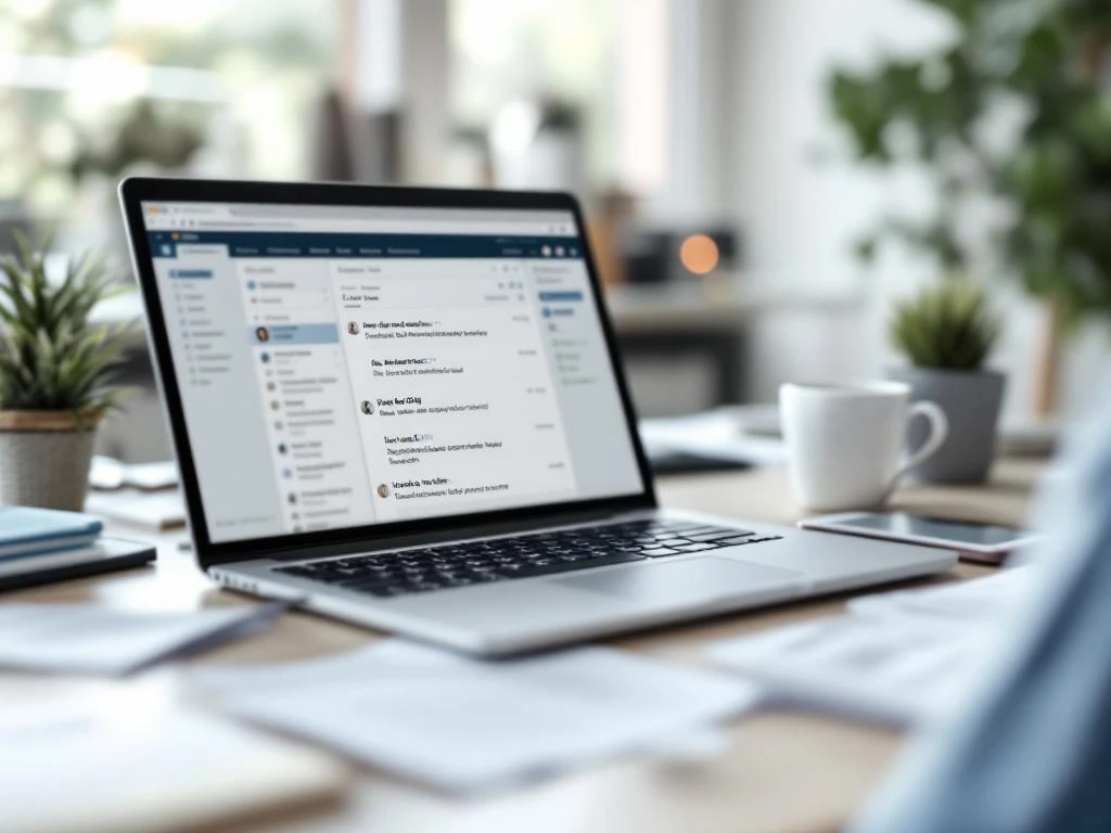 Laptop met ongelezen e-mails en smartphone met gemiste oproepen op modern bureau met onbetaalde facturen