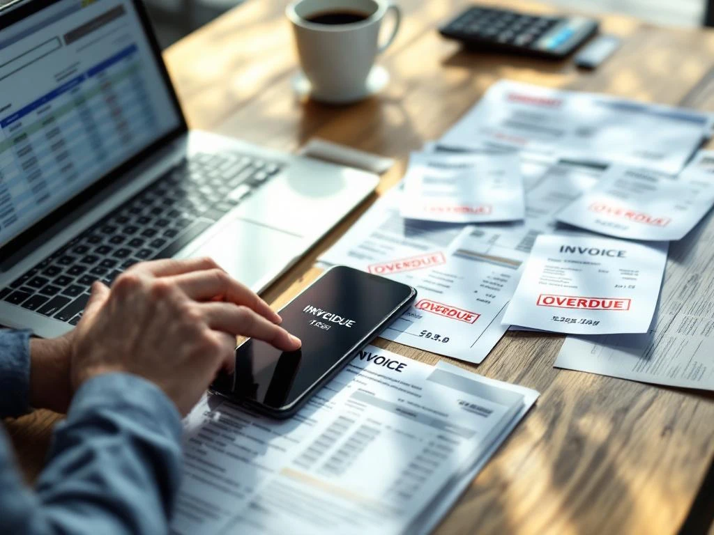 Professionele handen typen op laptop met openstaande facturen en betalingsherinneringen op houten bureau