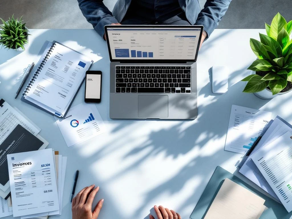 Bovenaanzicht van moderne werkplek met financiële documenten, laptop met spreadsheet en handen die typen voor schuldbeheer