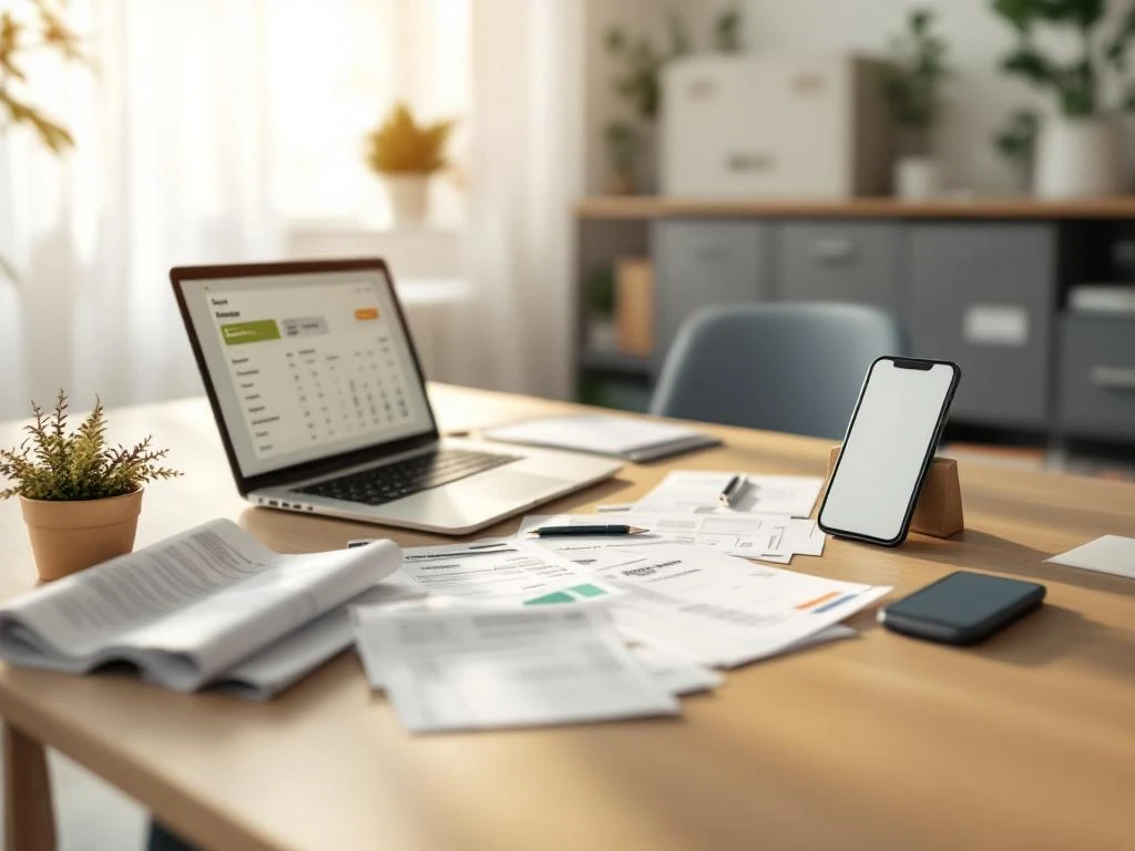 Houten bureau met onbetaalde facturen, laptop met betalingsdashboard en smartphone in modern kantoor met natuurlijk licht