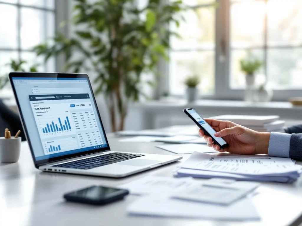 Moderne kantoorwerkplek met schuldenbeheer documenten, laptop met spreadsheet en smartphone met betalingsmeldingen