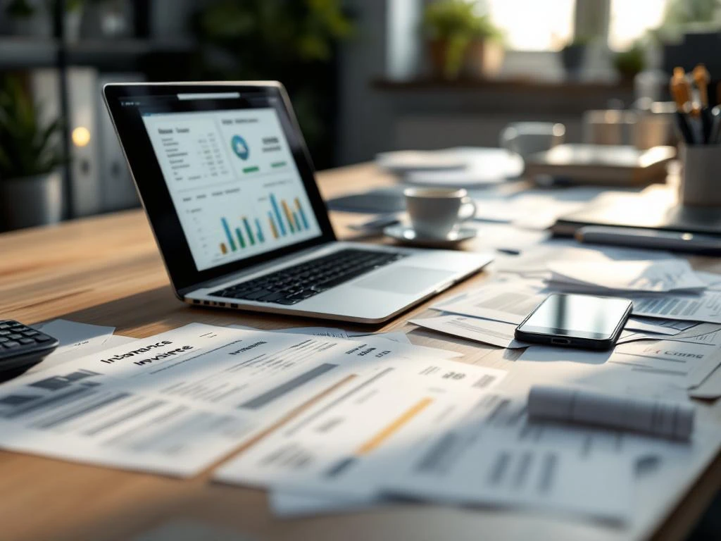 Moderne kantoorbureau met financiële documenten, laptop met spreadsheet en smartphone met betalingsmeldingen