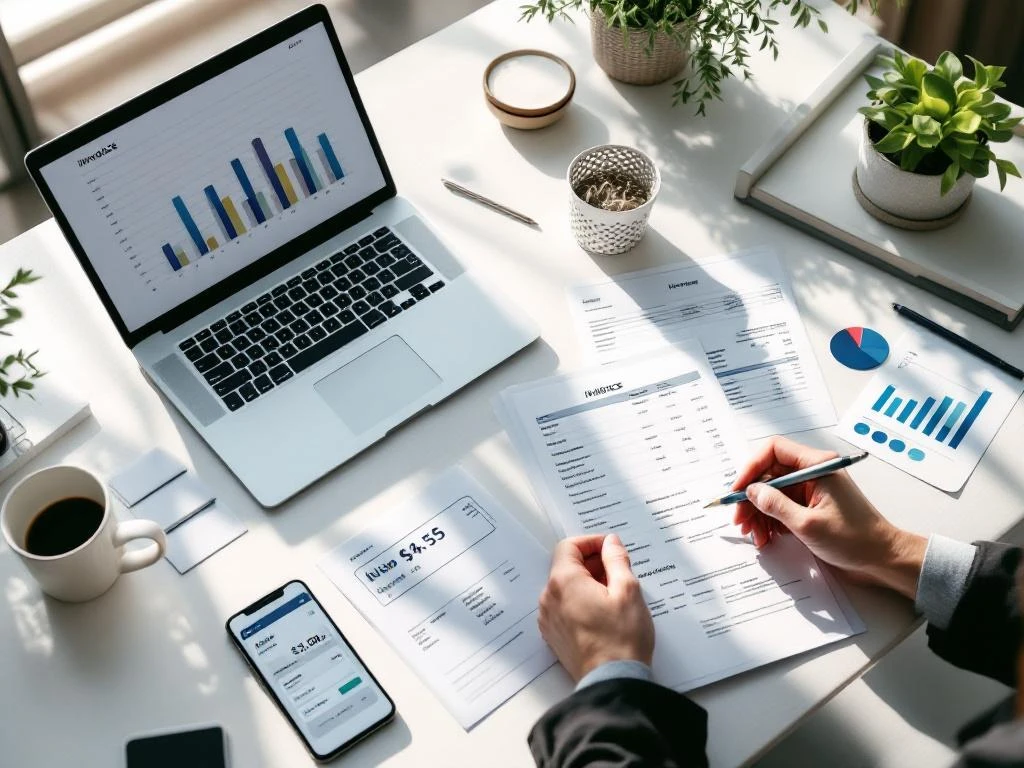 Bovenaanzicht van modern bureau met laptop, financiële spreadsheets, facturen en smartphone met betaalapp interface