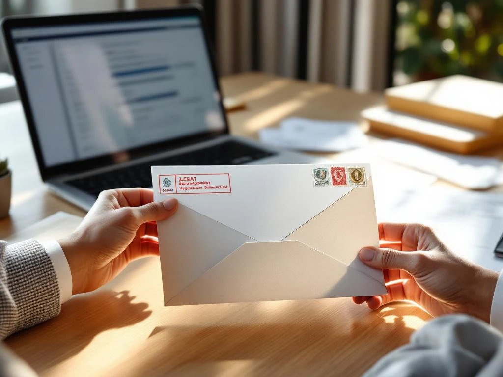 Handen houden aangetekende brief met postzegels op bureau naast juridische documenten en betalingsherinneringen
