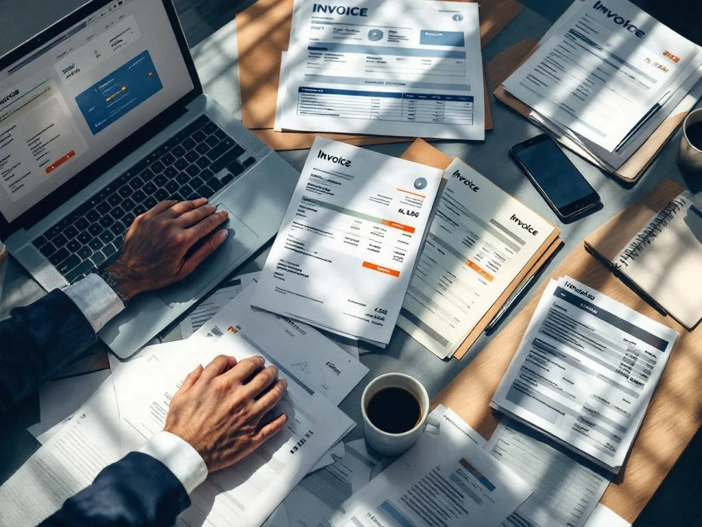 Zakenman beheert onbetaalde facturen op laptop met betalingssoftware en smartphone notificaties op kantoorbureau