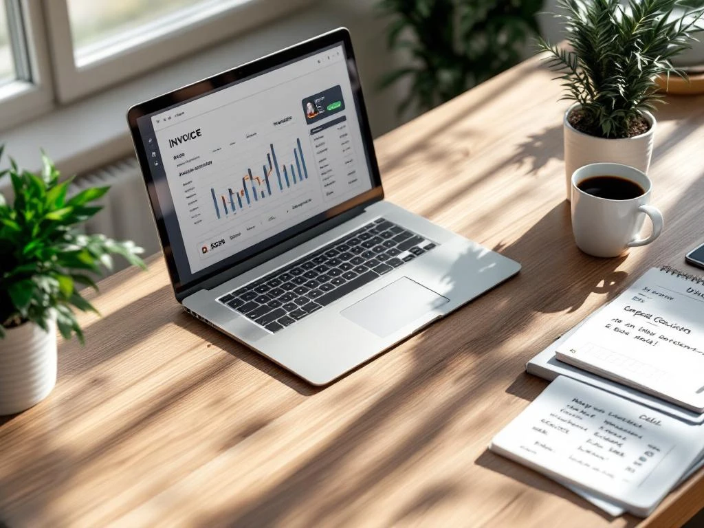 Moderne bureauopstelling met laptop met financieel dashboard, onbetaalde facturen en smartphone op houten bureau