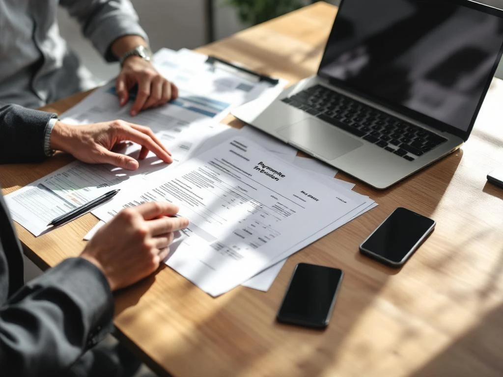 Zakenman bekijkt juridische documenten en facturen op modern houten bureau met laptop en financiële gegevens