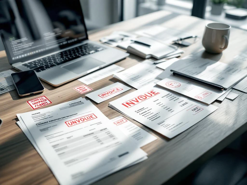 Moderne kantoorbureau met onbetaalde facturen, laptop met spreadsheet en smartphone met meldingen in natuurlijk licht