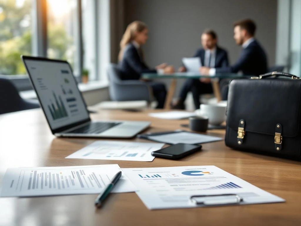 Moderne kantoorruimte met advocaten die financiële documenten bespreken aan glazen vergadertafel, laptop toont data