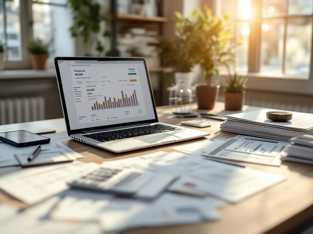 Moderne bureauopstelling met laptop, facturen, betaalformulieren en smartphone voor schuldhulpverlening en betalingsverwerking