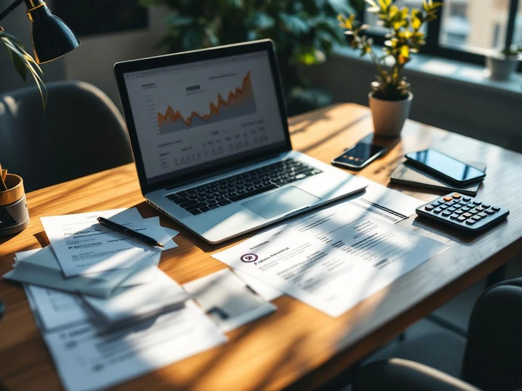 Moderne kantoorwerkplek met laptop met financiële grafieken, betalingsdocumenten, smartphone en rekenmachine op bureau