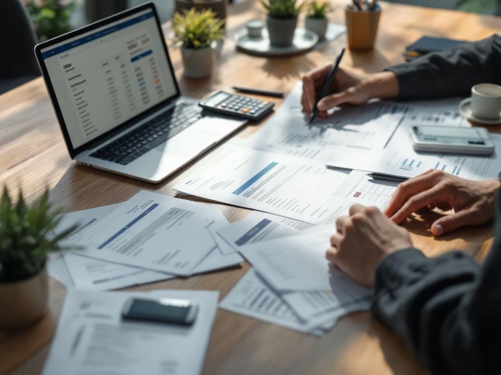 Professioneel bureau met financiële documenten, laptop met spreadsheet en smartphone voor schuldinning