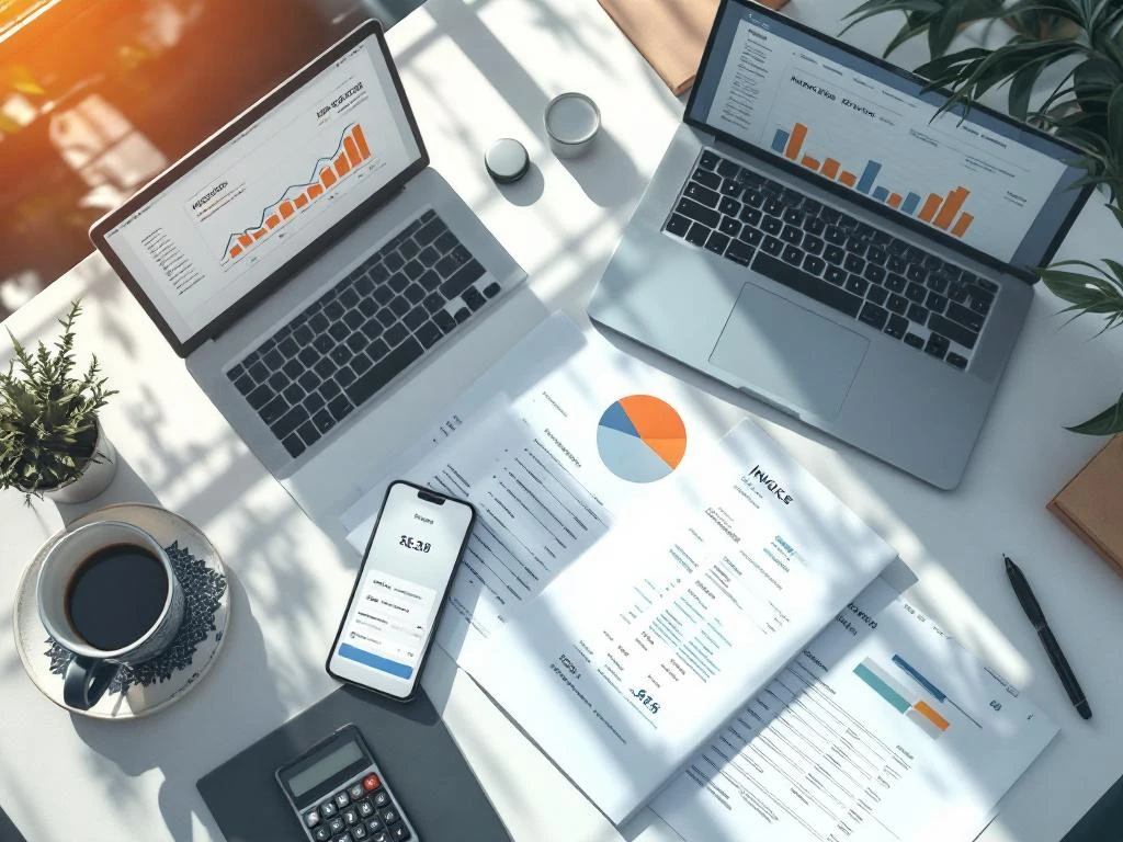 Moderne kantoorwerkplek met laptop met financiële spreadsheets, facturen, betaal-app op smartphone en koffie