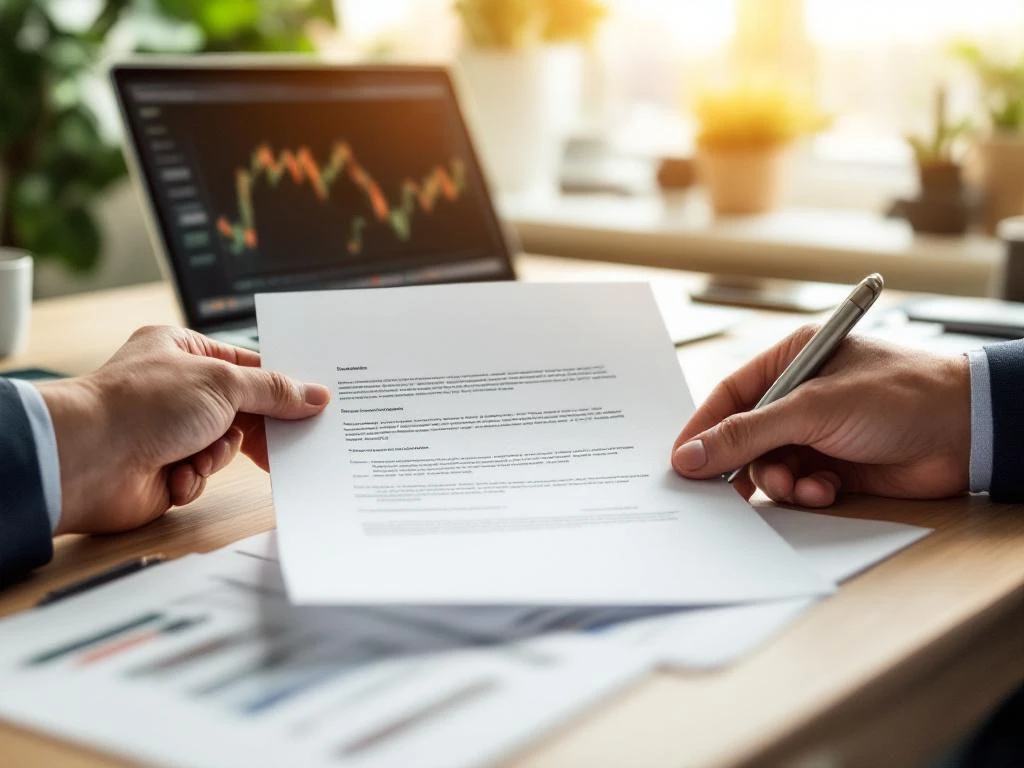 Handen die zakelijk document vasthouden boven houten bureau met laptop en financiële gegevens op achtergrond