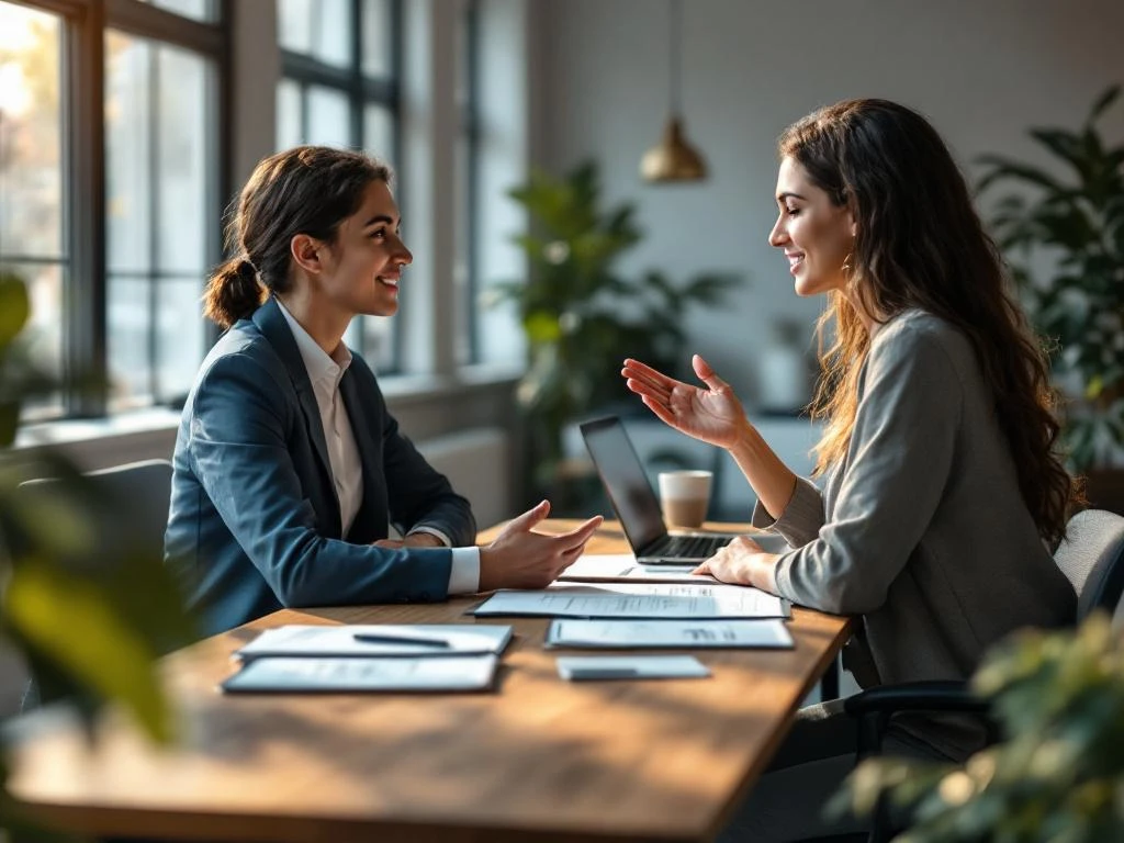 Twee professionals in gesprek aan moderne bureau in hedendaags kantoor met natuurlijk licht en laptop