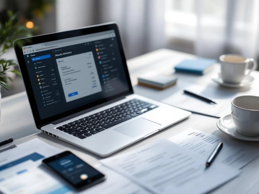 Moderne kantoorwerkplek met laptop, financiële documenten, facturen en smartphone met betaalnotificatie op bureau