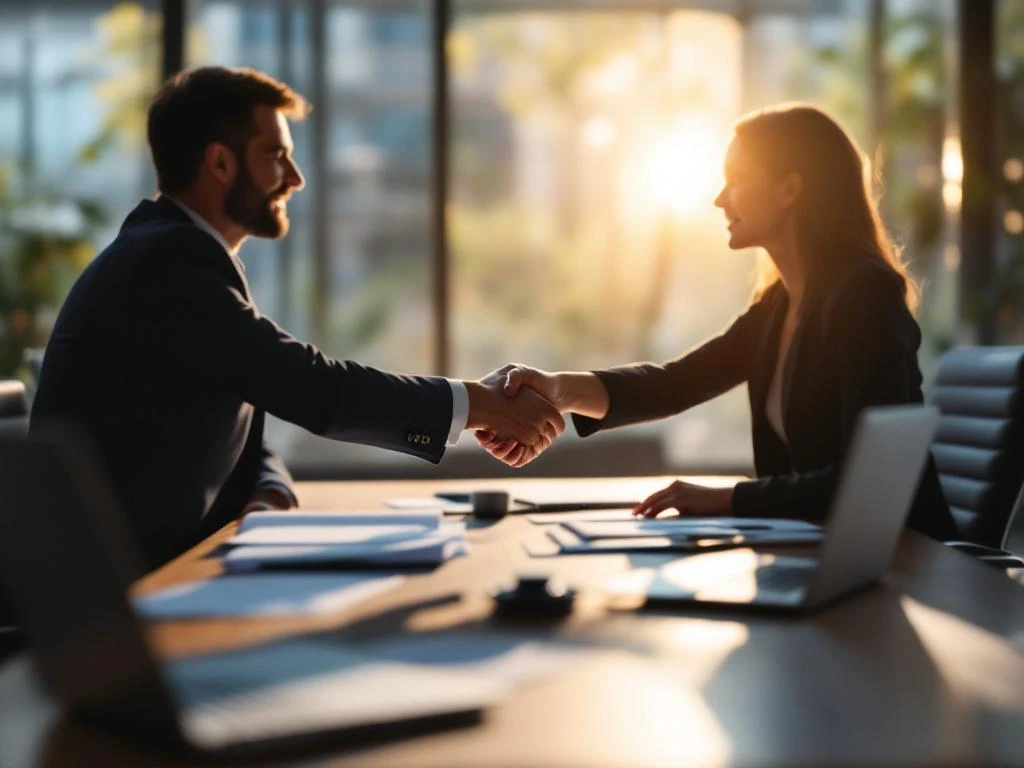 Twee professionals schudden handen over conferentietafel in moderne vergaderruimte met natuurlijk licht en documenten