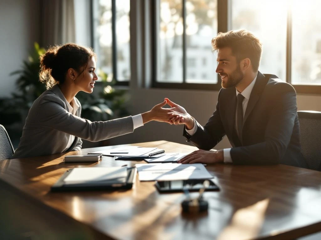 Twee professionals in modern kantoor voeren constructief gesprek, een steekt hand uit in verzoenend gebaar bij bureau