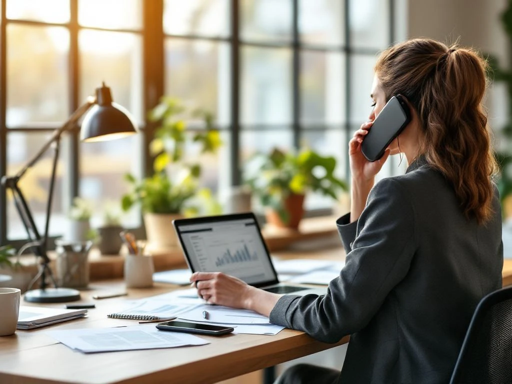 Zakenvrouw aan bureau tijdens telefoongesprek met laptop, documenten en koffie in modern kantoor met natuurlijk licht