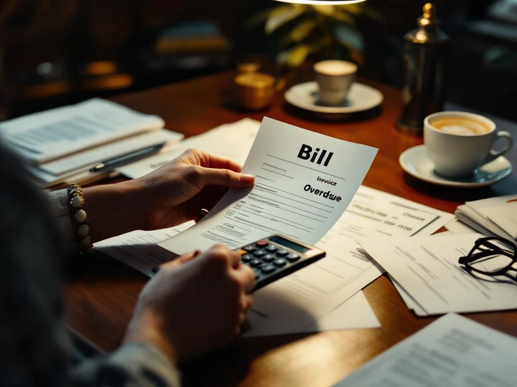 Zakenvrouw houdt achterstallige rekening vast en reikt naar rekenmachine op bureau met verspreide facturen