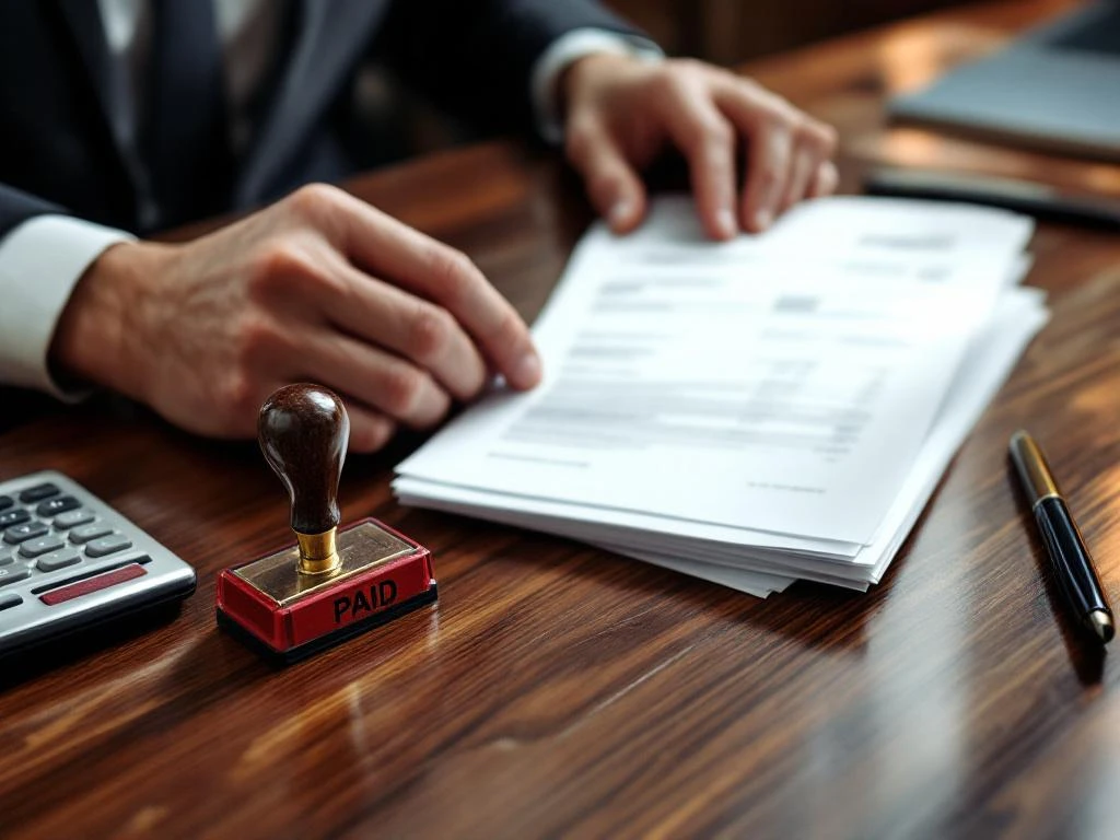 Zakenman bekijkt stapel achterstallige facturen op mahonie bureau met rode BETAALD stempel en calculator